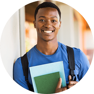 A student with a backpack and book