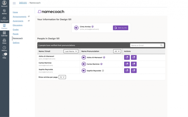 namecoach instructure canvas user interface